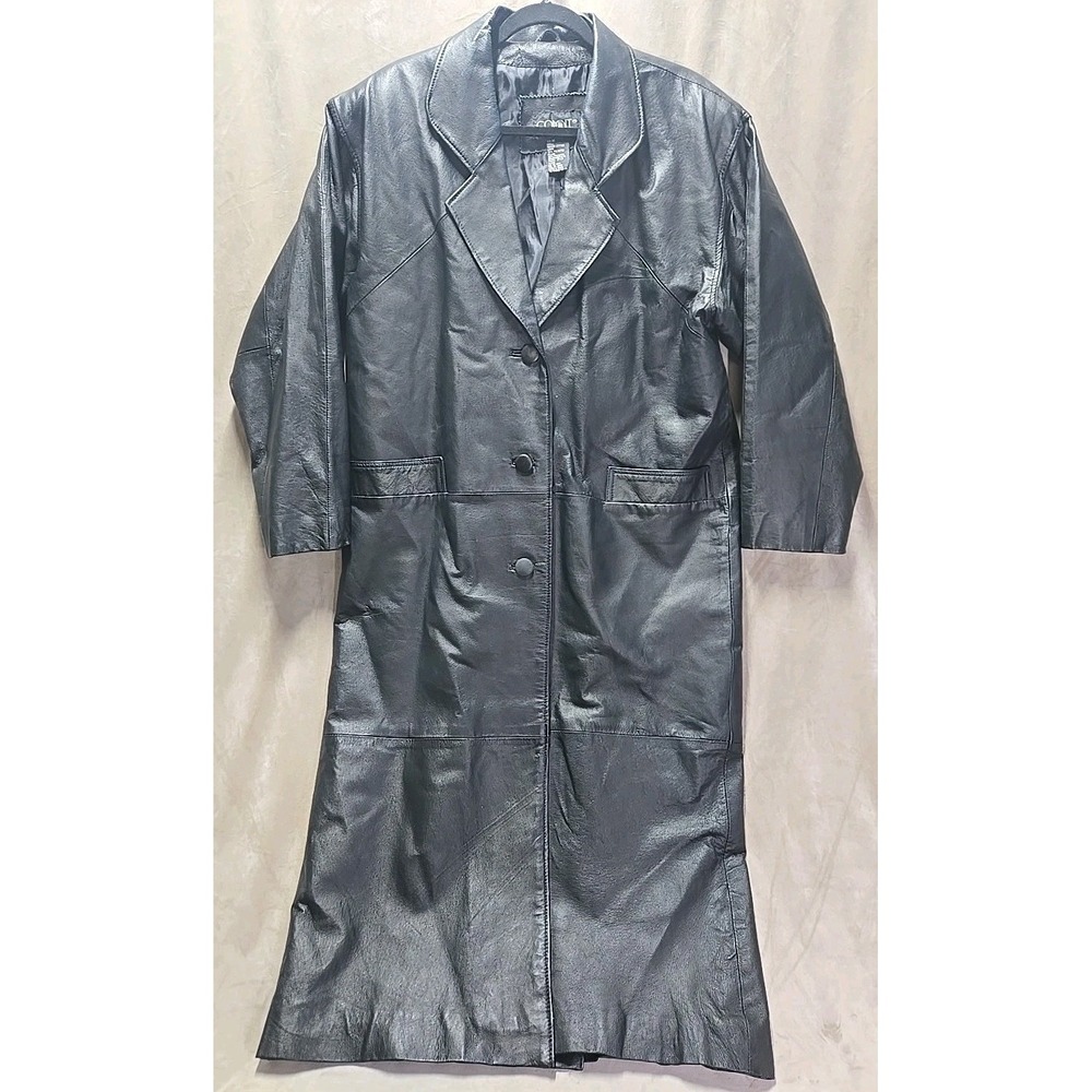 Vintage 90s Women Comint Black Leather Longline Trench Coat Medium Oversized‎